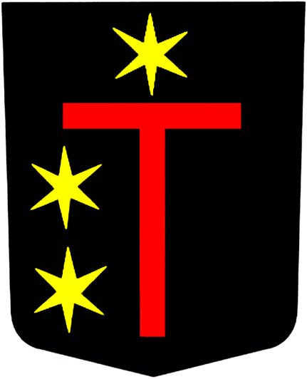 In Schwarz ein rotes Antoniuskreuz, überhöht von einem sechsstrahligen goldenen Stern und rechts beseitet von 2 ebensolchen Sternen übereinander.